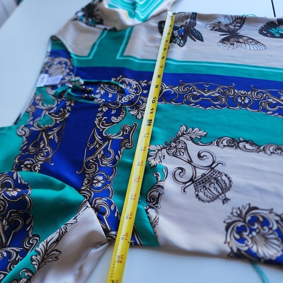 Cache Satin Green Blue Dress Beige Butterfly Scroll Chain Equestrian Print Sz M - Picture 12 of 16